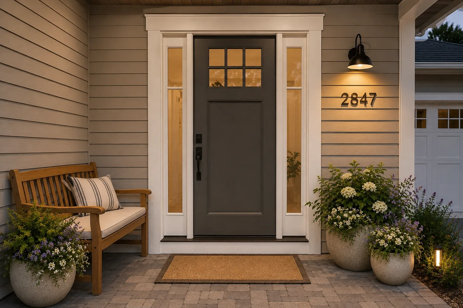 A clean, well-lit exterior entry with a visible house number, bench, and simple landscaping